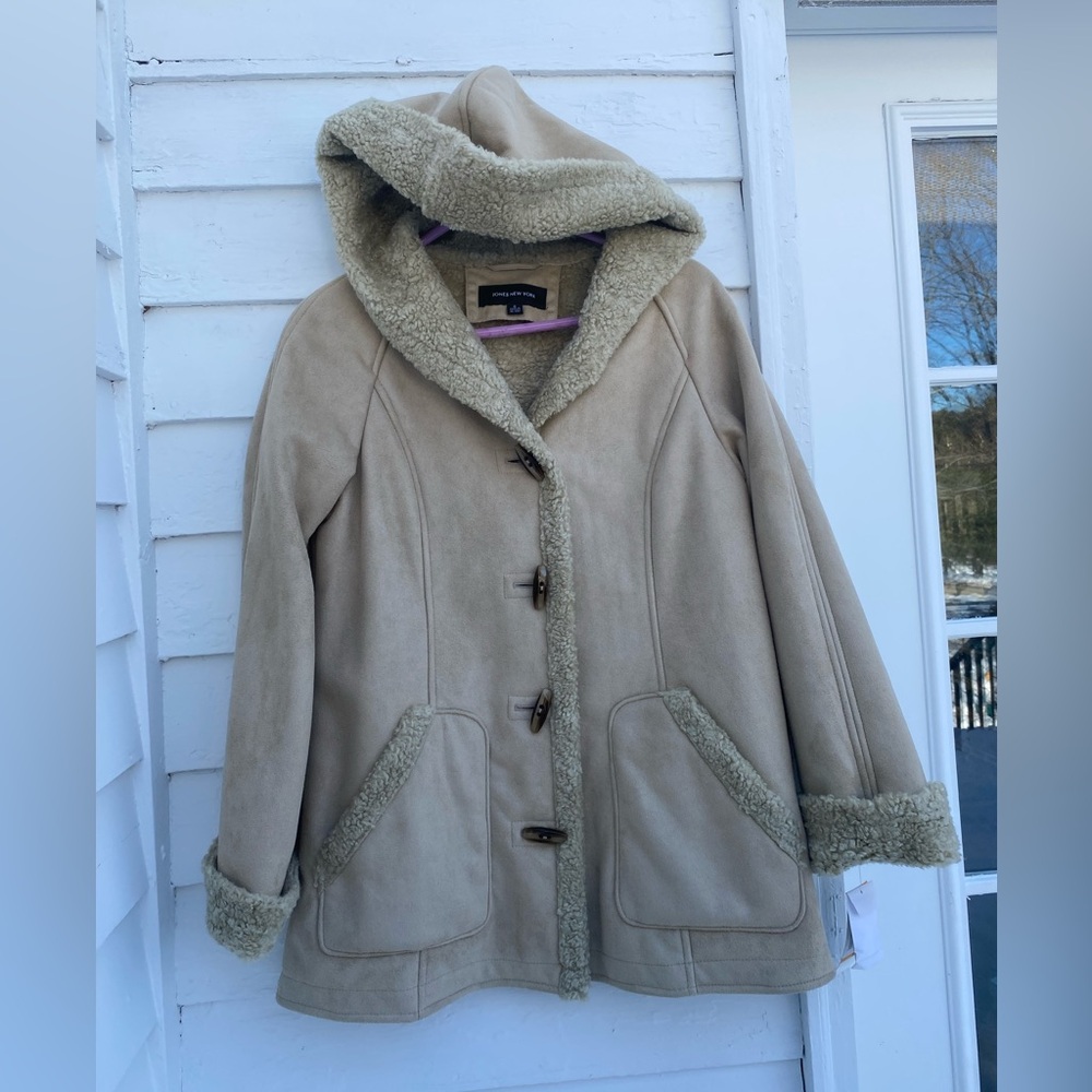 NWT Jones New York Winter Coat Women's Suede Sherpa Lined Teddy Hooded